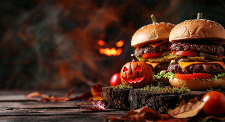 Halloween Burger banner. Halloween party creative burger concept with big beef patties with pumpkin head rolls, tomato and pepper on wooden board on dark background with moss. Copy space for text