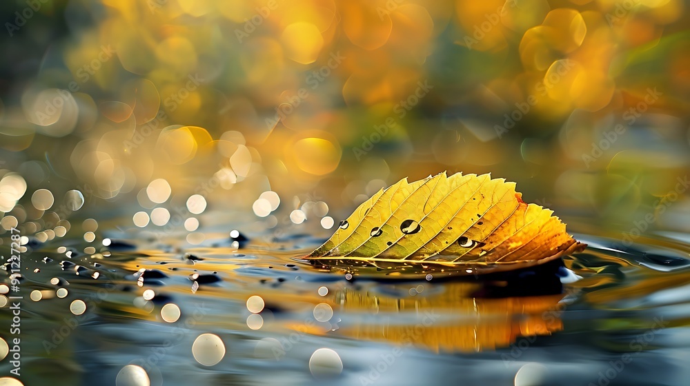 Poster autumn leaf floating on water with bokeh background
