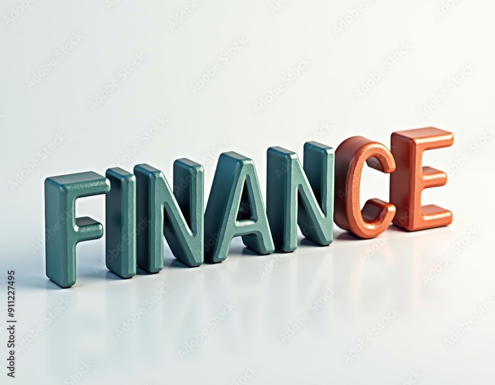 Poster glossy 'finance' text with metallic look on a light gradient background.