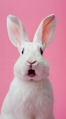 Obraz premium A Close-Up of a White Rabbit with Open Mouth Against a Pink Background