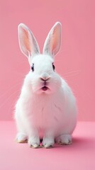 Obraz premium White Rabbit with Pink Nose and Large Ears Sitting on Pink Background