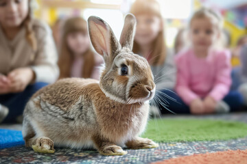 Fototapeta premium In a therapeutic space, children are interacting with a rabbit to aid in rehabilitation and emotional wellbeing, fostering a positive bond