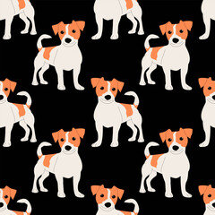Vector Jack Russell breed dog on black background seamless pattern.