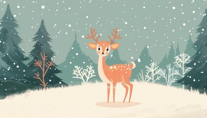 Cute Cartoon Deer Standing Among Snowy Trees on a Winter Day
