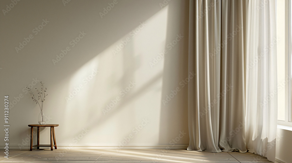 Poster geometric shadows created by sunlight on a simple interior wall with a small table and curtains
