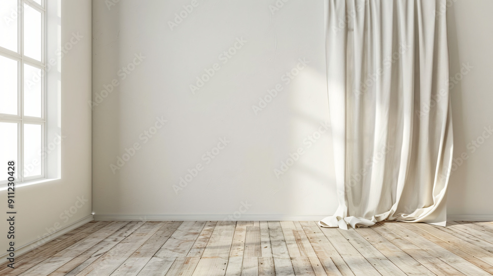 Poster sunlight shining through window illuminating empty room with white curtain and wooden floor