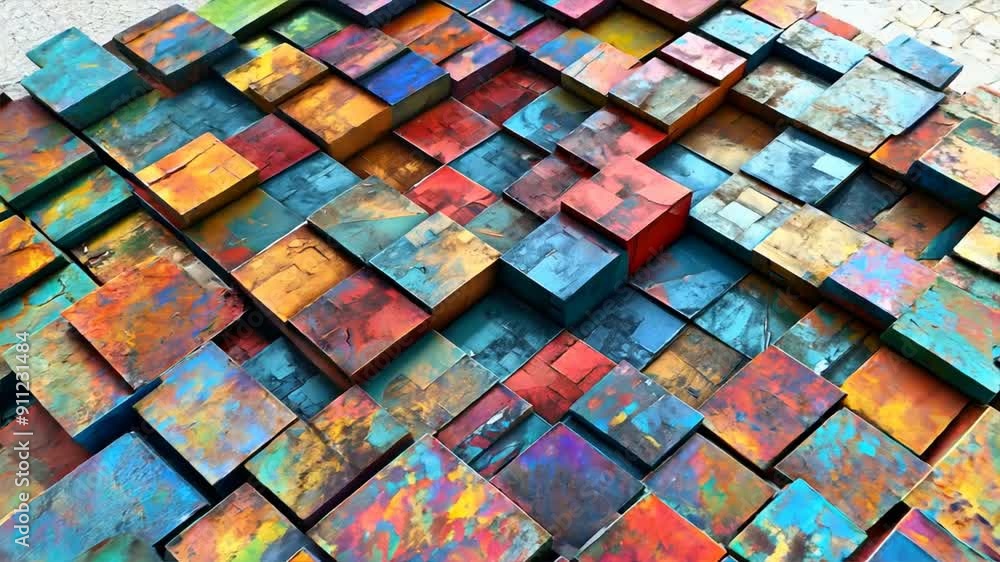 Poster cubes arranged in a grid pattern with varying colors and textures, adding depth and dimension.
