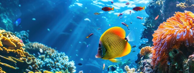 Obraz premium A Vibrant Yellow and Orange Fish Swimming Near Coral in a Blue Ocean