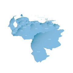 Venezuela political map of administrative divisions - states, capital district and federal dependencies. Shaded vector map with 3D-like blue gradient and name labels