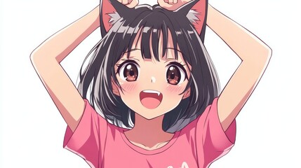 Cute manga girl with cat ears and a playful expression for t-shirts