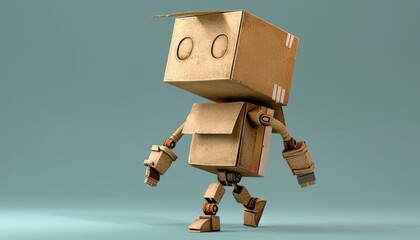 Cute Cardboard Robot Toy Walking on a Solid Surface in a Light Blue Setting