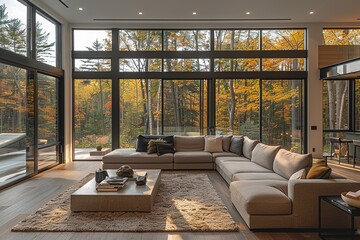 A large living room with a tan couch and a white coffee table