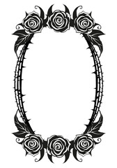 Blank thorn frame surrounded with roses and leaves in gothic tattoo style isolated on white background