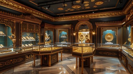 Fototapeta premium Golden Treasury Interior With Luxury Showcase of Gold Artifacts