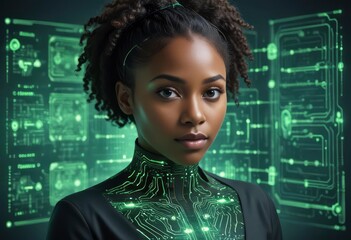 black woman female IT specialist face with artificial intelligence green virtual code, ai