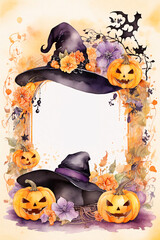 Autumn poster made of pumpkins, hats and Halloween attributes with copy space.