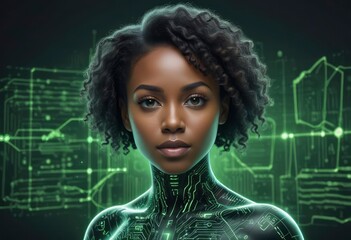 black woman female IT specialist face with artificial intelligence green virtual code, ai