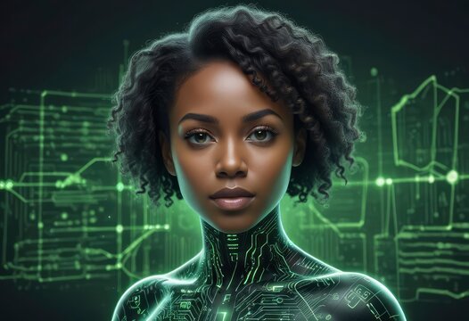 black woman female IT specialist face with artificial intelligence green virtual code, ai
