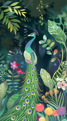 A vibrant green peacock with blue accents stands proudly in a lush tropical forest, evoking a sense of tranquility and wonder. 
