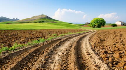 A hillside farm with visible signs of soil erosion, such as deep ruts