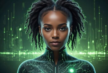 black woman female IT specialist face with artificial intelligence green virtual code, ai