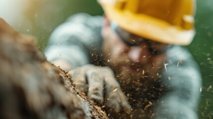 A logger in a hard hat and safety gear, operating a chainsaw to fell a tree