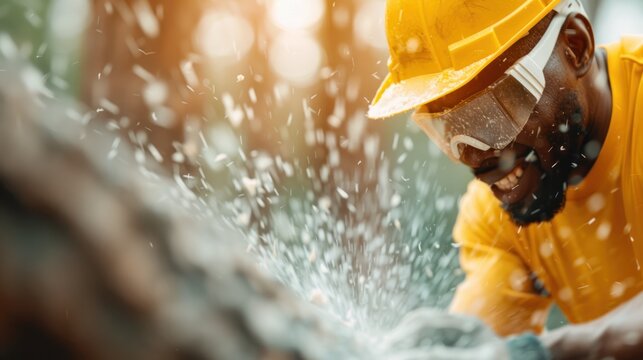 A logger in a hard hat and safety gear, operating a chainsaw to fell a tree
