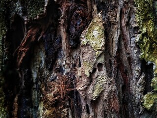 Close up view of old dark tree bark with moss and lichen. Abstract background and texture for design.