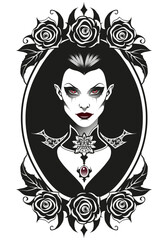  Vampire lady wearing vintage jewelry over gothic frame surrounded by roses isolated on white background