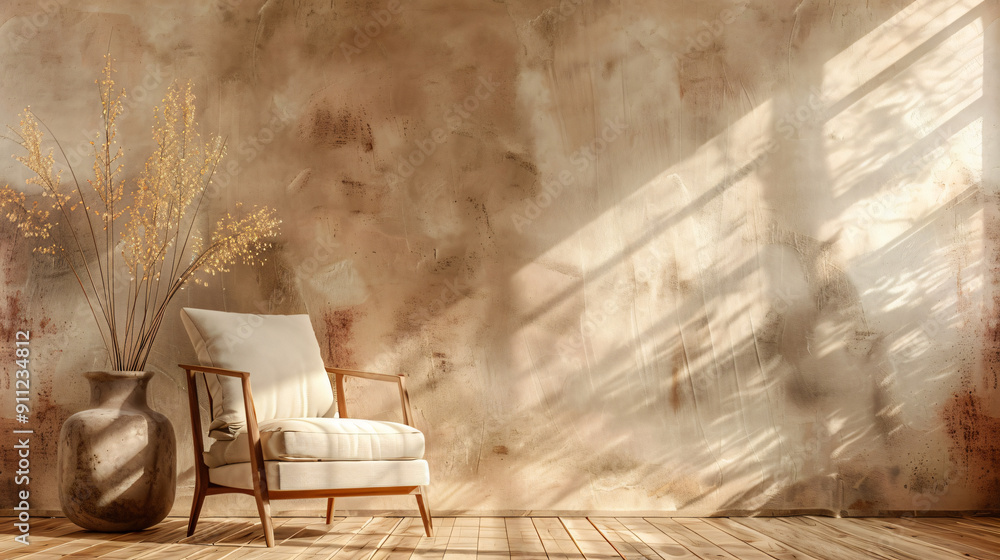 Poster sunlight creating shadows on a textured wall in a sleek minimalist interior with an armchair and vas