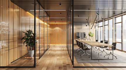 Modern office design with wooden walls and glass partitions, showcasing a sleek meeting room with a large table and chairs. 

