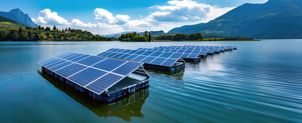 Banner of alternative renewable energy system with floating solar panel platforms on water of a lake