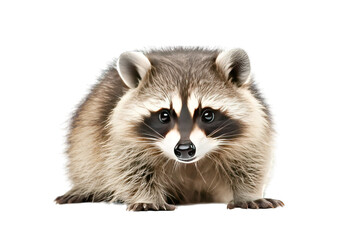 Fototapeta premium A cute raccoon with striking facial markings, showcasing its fluffy fur and curious expression against a clean background.
