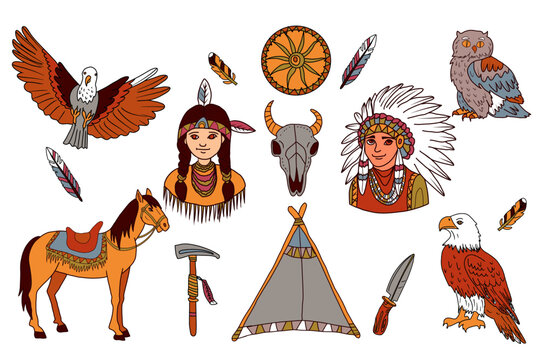 Hand drawn vector doodle set with native american indians, tambourine, wigwam, tomahawk and North America fauna.