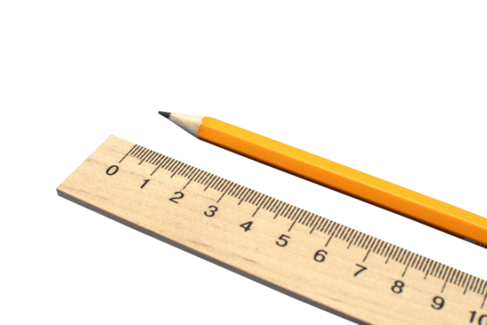 Pencil and wooden measuring ruler isolated