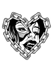 Girl Heart Chain | Heart Shaped | Girl Face | Vampire Woman | Chain | Girl with Heart Shaped | Vampire Woman in Metal | Girl Heart | Original Illustration | Vector and Clipart | Cutfile and Stencil