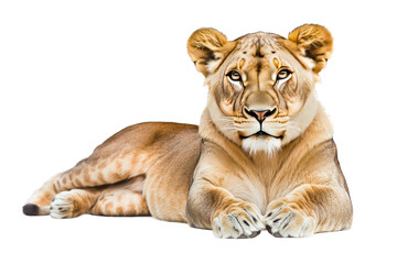 Obraz premium A majestic lioness rests gracefully, showcasing her strength and beauty in a serene pose, embodying the wild spirit of nature.