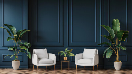 Luxurious living room with two white armchairs facing each other, separated by a small table with a plant on it, against a classic blue wall
