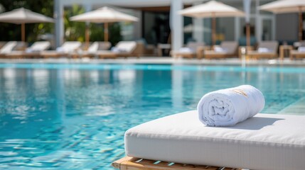 Luxurious poolside scene with a rolled towel on a sunbed, surrounded by lounge chairs and umbrellas at a luxurious resort.
