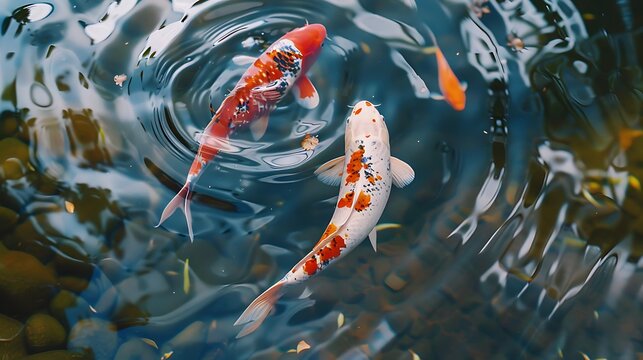 Photographer captures koi fish swimming in pond with vibrant colors and scales for natural beauty tranquility aquatic life harmony concept.