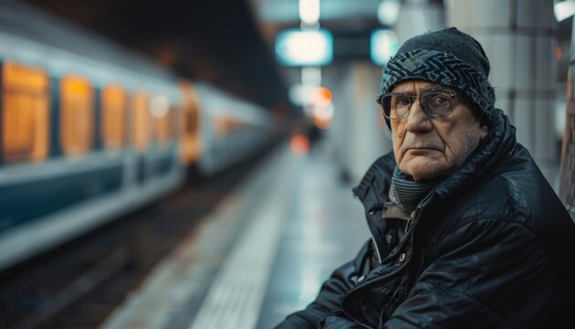 Elderly Man Waiting Alone at Train Station During Evening Commute in Urban Setting