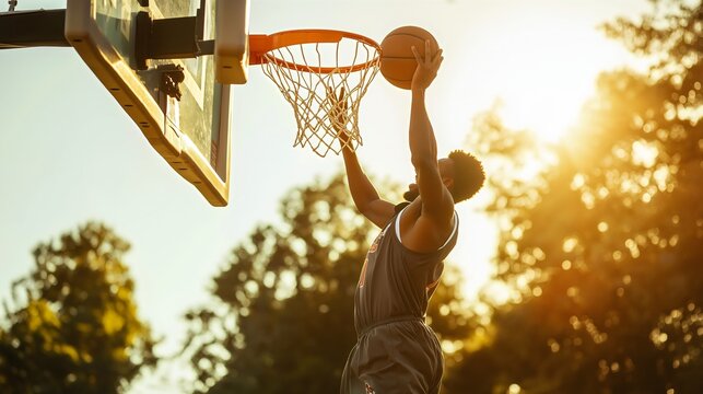 African American player, man playing basketball, a muscular sports athlete, scoring a point. Adult man in midair, slam-dunking the ball into the basket on an outdoor court, field, or playground, sport - Powered by Adobe