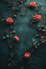 An artful arrangement of red roses with climbing vines sprawls across a dark background, capturing the elegance and vibrancy of natural elements in a cohesive display.