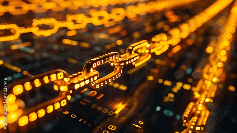 Poster golden chain links with binary code