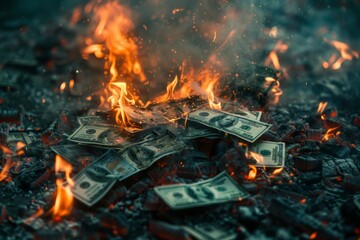 Dramatic scene of hundred dollar bills burning in intense flames, symbolizing financial loss and destruction, burnings dollars highlighting the volatility of money and economic crises