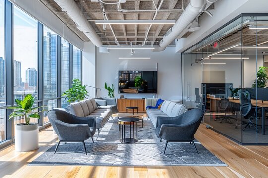 A large open office space with a lot of seating and a large flat screen TV