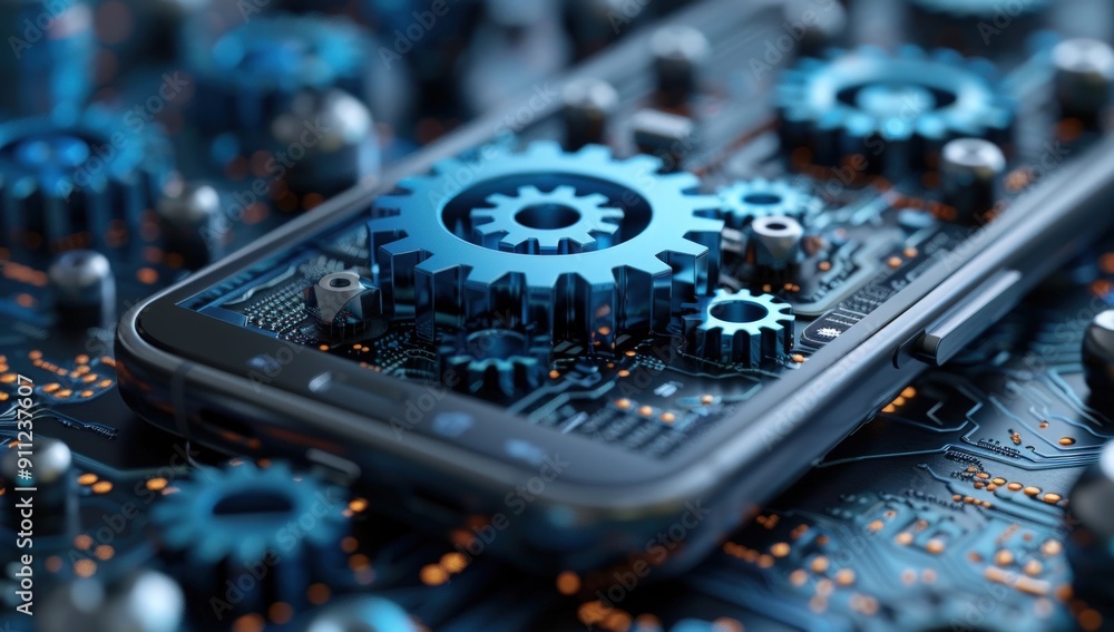 Poster close-up of a smartphone with gears and circuits inside.