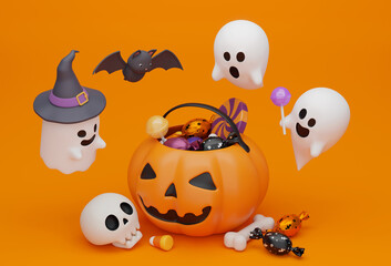 halloween jack o lantern candy basket with ghost character 3D graphic