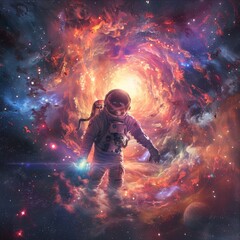 Astronaut at the Edge of the Universe: A solitary astronaut stands at the precipice of a swirling, vibrant nebula, their gaze fixed on the unknown. The image evokes a sense of wonder, exploration