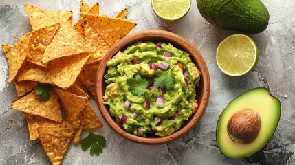 Bowl of fresh guacamole with tortilla chips, avocado, and lime on a rustic surface, perfect for a delicious snack or appetizer.